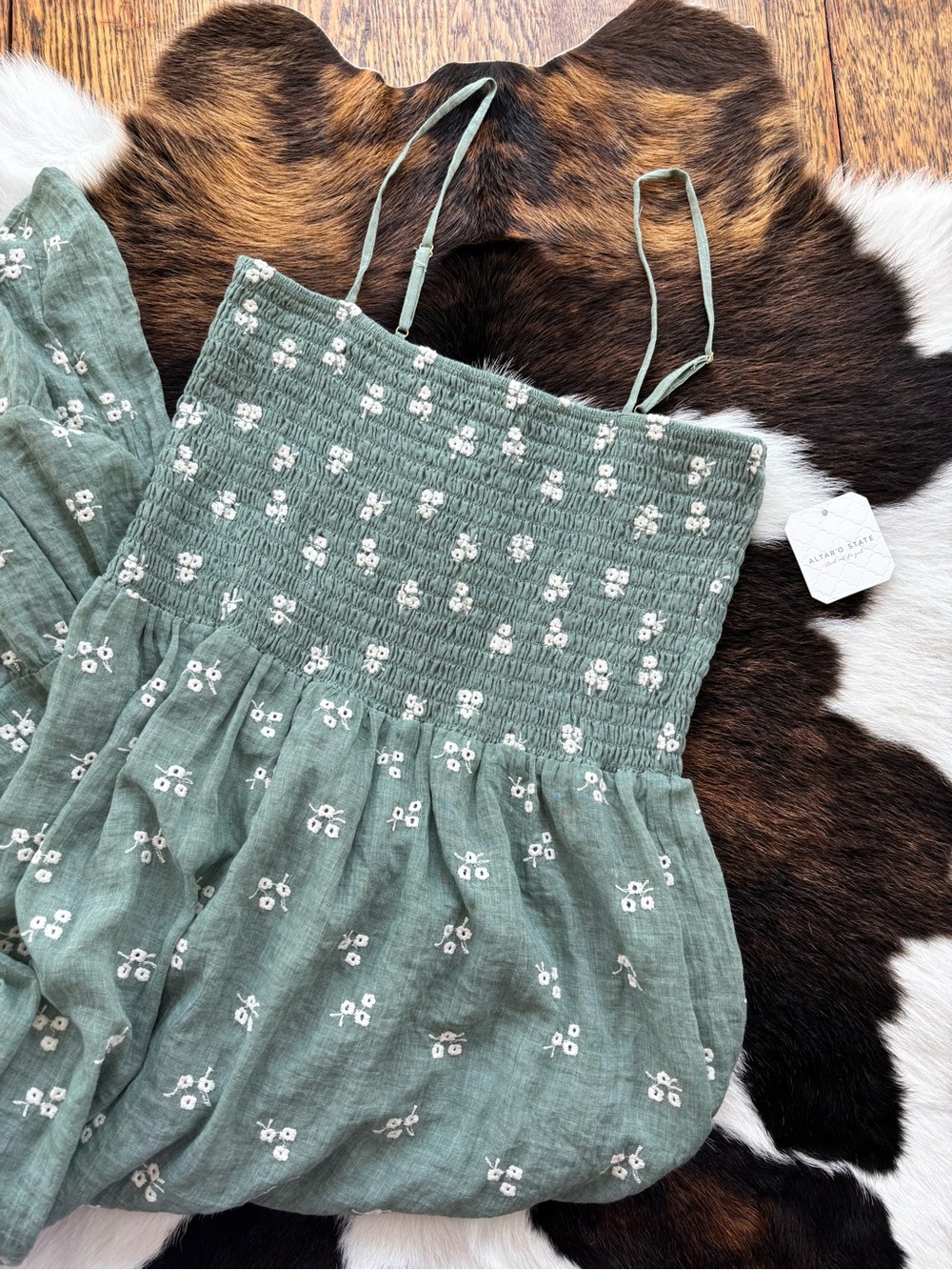 Altar'd State Sage Green Smocked Floral Cami Maxi Dress